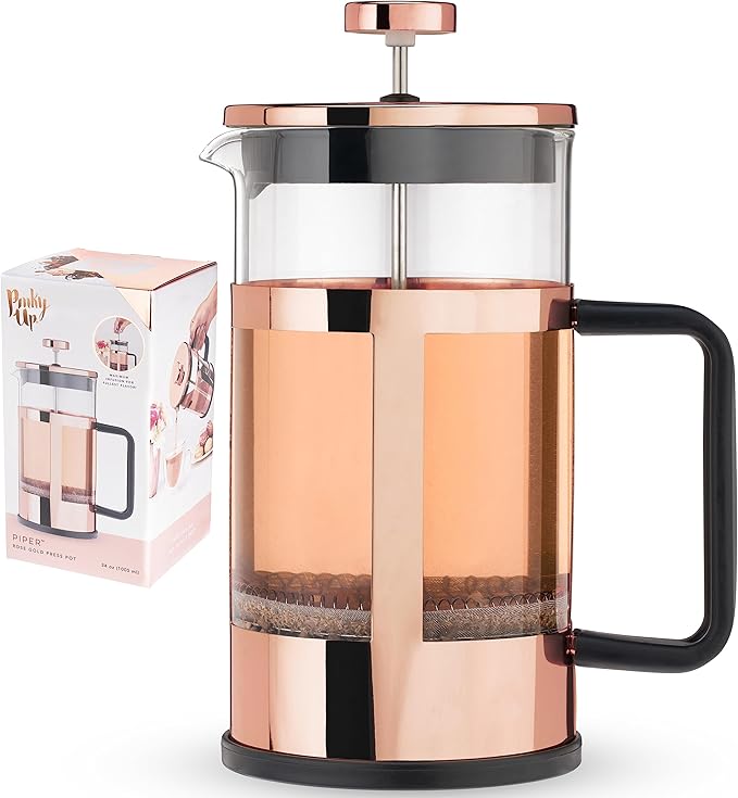 Pinky Up Piper Tea Press Pot Coffee Maker French Press for Loose Leaf Tea and Coffee Hot or Iced Beverage Brewer 34 oz Rose Gold