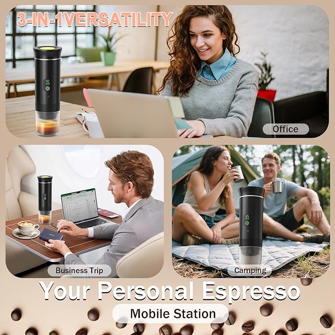 Portable Battery Espresso Coffee Maker for Travel - 20 bar Mini Car Espresso Machines 3-in-1 Self-Heating Electric Espresso Maker USB-C Ground Coffee &amp Capsule Pod(Ns&ampDG) RV Hiking Office