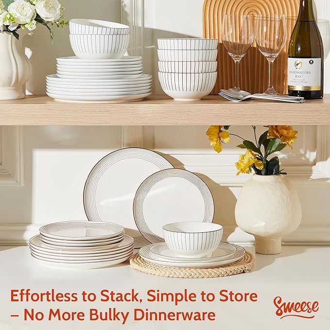 Sweese Lightweight Dinnerware Sets Plates and Bowls Set for 6 18 Pieces Stripe Dishes - Chip and Scratch Resistant Microwave and Dishwasher Safe Porcelain Dinner Sets Blue