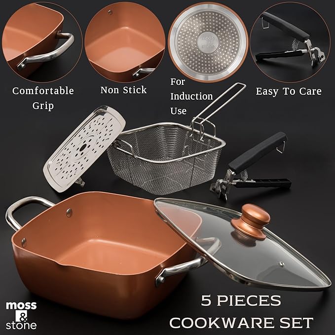 Moss &amp Stone 5 Pcs Copper Chef Cookware Non Stick Deep Frying Pan Fry Basket Steamer Rack Dishwasher &amp Oven Safe 5 Qt Deep Square Pan Induction Copper Cookware Set - 9.5 x 3.5