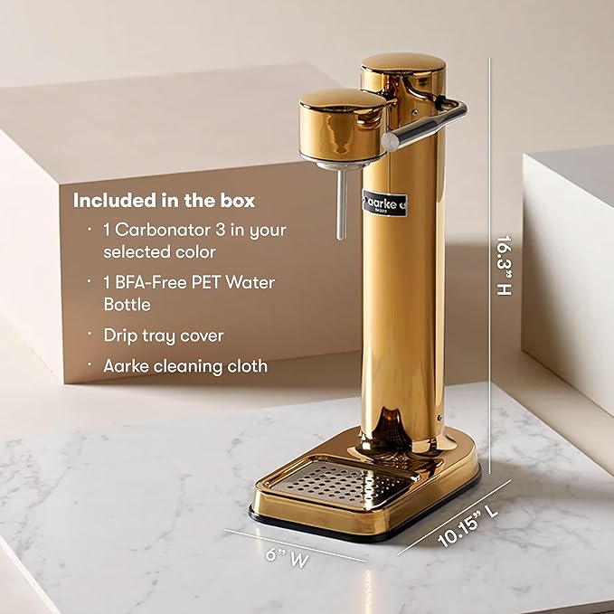 Aarke Carbonator lll Sparkling &amp Carbonation Water Machine Stainless Steel with PET BPA-Free Reusable Bottle Volume 1L/34 fl oz (Gold)