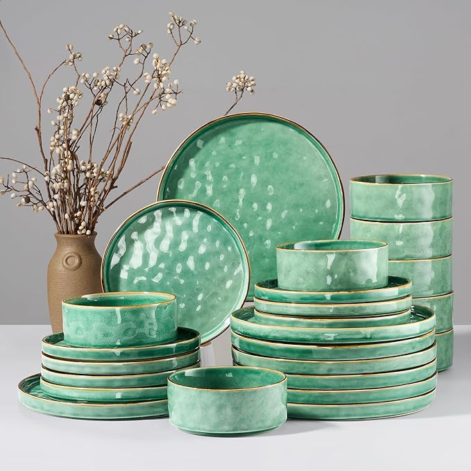 HaWare Dinnerware Sets 24-Piece Plates and Bowls Set Stoneware Dish Set for 8 Ceramic Dinnerware for Home Restaurant Chip and Scratch Resistant Microwave and Dishwasher Safe Reactive Green