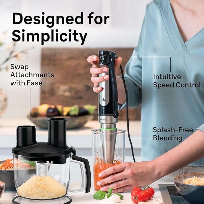 Braun 4-in-1 Immersion Hand Blender Powerful 500W Stainless Steel Stick Blender Variable Speed + 6-Cup Food Processor Whisk Beaker Masher Finer Blending MultiQuick MQ7077