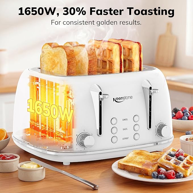 Keenstone Toaster 4 Slice Retro Stainless Steel Wide Slot Toaster with Dual Independent Controls 6 Browning Levels Bagel Defrost Reheat &amp Cancel Removable Crumb Tray White