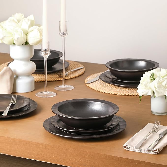 Stone Lain Oasis Stoneware 24 Piece Dinnerware Set Home Kitchen Dish Set with Dinner Plates Salad Plates &amp Bowls - Service for 8 Black