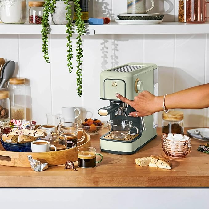 B Slim Espresso Maker by Drew Barrymoree with 20-Bar Pressure Touch-Activated Display and Steam Wand for Latte &amp Cappuccino (Sage Green)