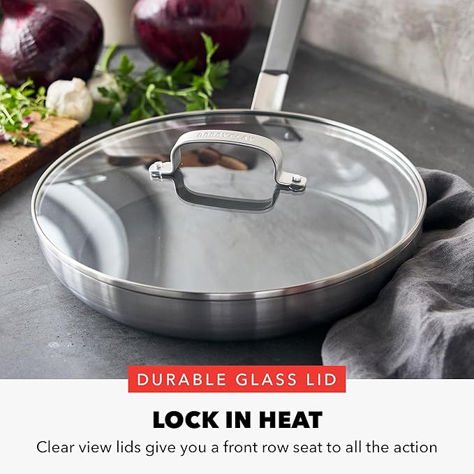 GreenPan x Bobby Flay Stainless Steel 3.75QT Saucepan and 12” Frying Pan Skillet with Glass Lids Professional Grade Tri Ply Induction Suitable Dishwasher &amp Oven Safe Stay Cool Silicone Handle