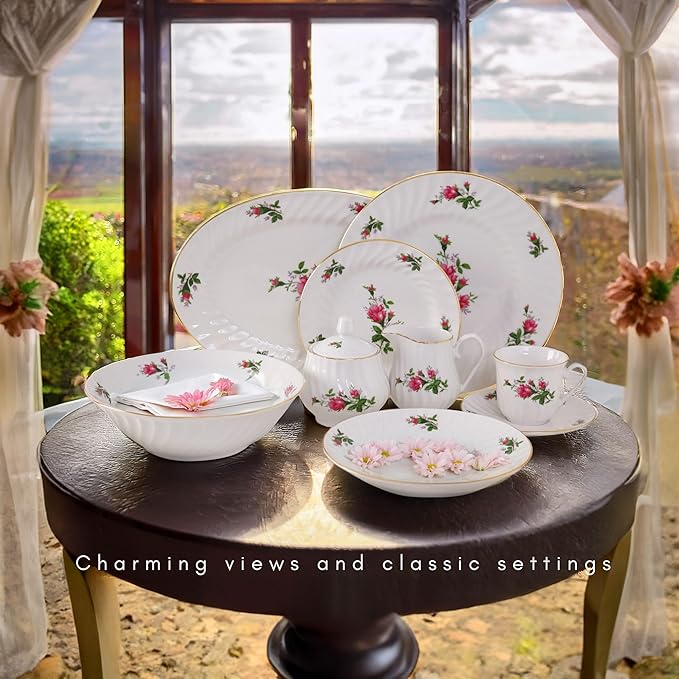 Lynns Paradise 45-Piece Vintage Rose Dinnerware Set 24K Gold Trim | Embossed Swirl Floral Plates &amp Bowls | Apartment Essentials | Home Kitchen Dinner Accessories