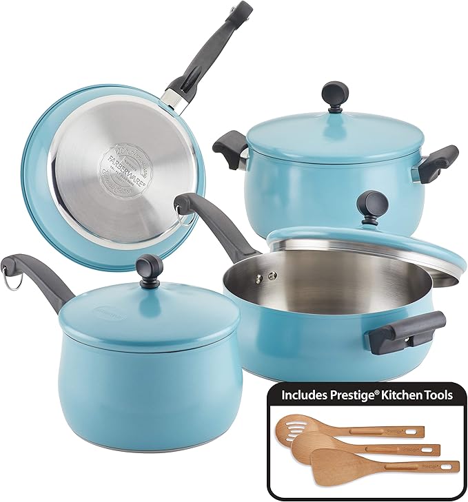 Farberware 120 Limited Edition Stainless Steel Cookware Pots and Pans Set with Prestige Kitchen Tools 10 Piece Aqua Blue