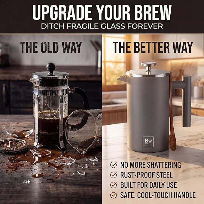 Barista Warrior French Press Coffee Maker Stainless Steel with Built-In Thermometer - Insulated Double Wall Design Dual Filter System Stay-Cool Handle &amp Wood Spoon - Grey