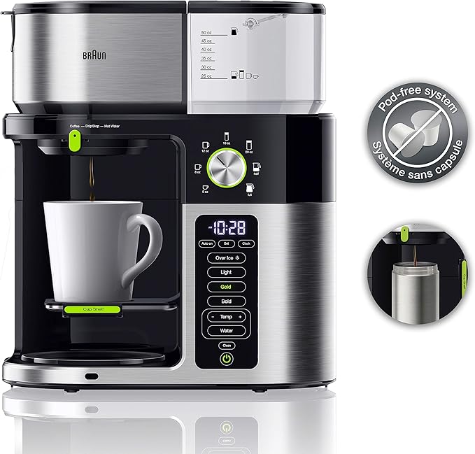 Braun MultiServe Coffee Machine 7 Programmable Brew Sizes / 3 Strengths + Iced Coffee &amp Hot Water for Tea Glass Carafe (10-Cup) Stainless/Black KF9150BK
