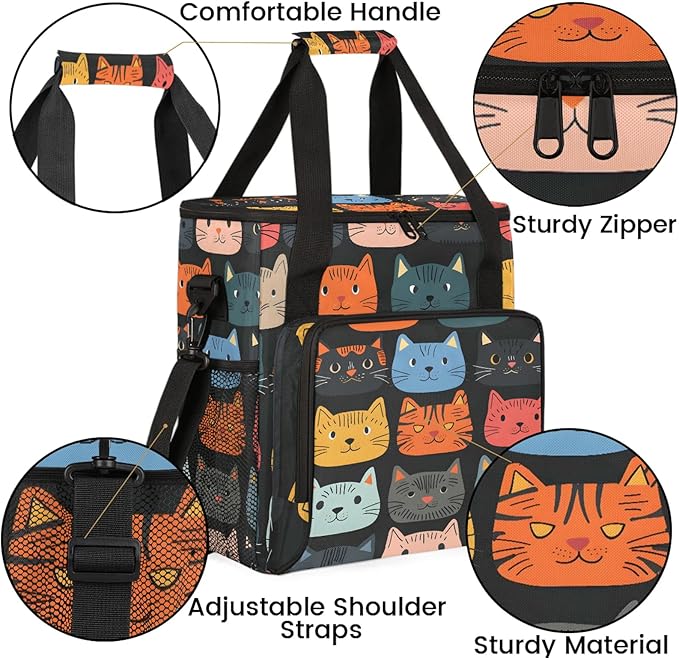 Cute Cartoon Cat Coffee Maker Carring Bag Large Insulated Storage Organizer Case Tote Bags with Shoulder Strap for Travel Work Picnic