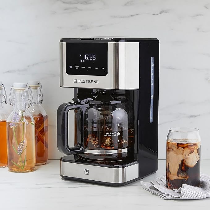 West Bend Drip Coffee Maker Brews Hot or Iced Programmable with Brew Strength Selector Auto Shut-Off and 6 Functions Permanent Mesh Filter and Glass Carafe 12-Cup Metallic