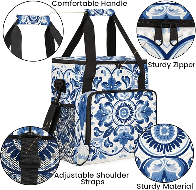 Blue Flower Design Coffee Maker Travel Bag for Keurig K-Mini/K-Mini Plus Insulated Waterproof Tote with Pockets for K-Cup Portable Single-Serve Brewer Case