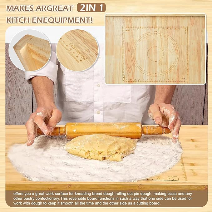 24 x 20 Reversible Wooden Pastry Board Wood Pasta Board with Lip Bread Board Cutting Board Chopping Board Pie Board with Engraved Ruler for Counter Top Kitchen-Wood
