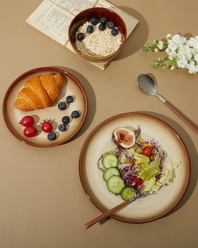 Stoneware Dinnerware Sets Ceramic Plates and Bowls Set Microwave &amp Dishwasher Safe Kitchen Dish Set Modern Dinner Salad Plates | Cereal Bowls for 4 Dishware Sets Brown Yellow