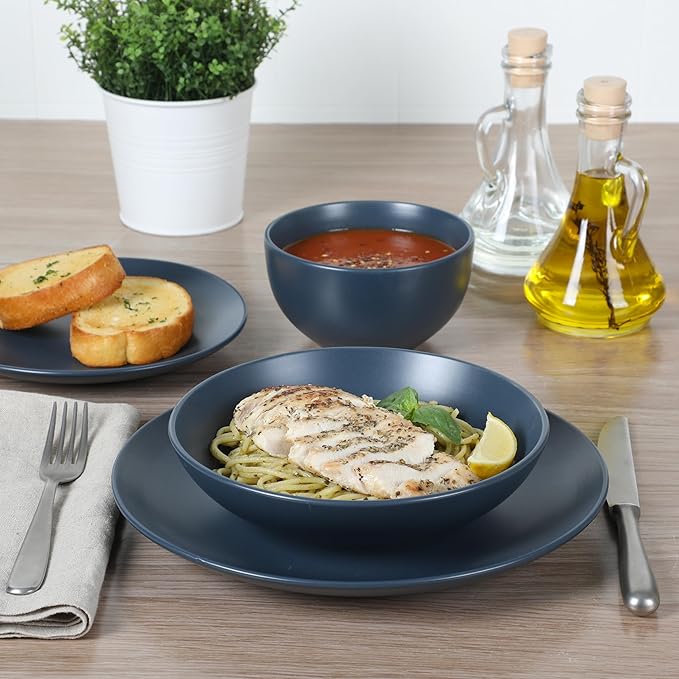 Gibson Home Queenslane 16-Piece Matte Blue Stoneware Dinnerware Set – Double Bowl Plates and Bowls Durable Kitchen Dinner Set