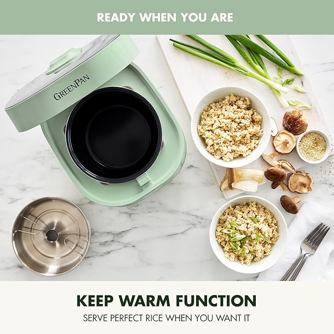 GreenPan Rice Cooker 8 Cups Cooked (4 Uncooked) Low-Carb &amp Soup Mode10 ONE-TOUCH Cooking Presets PFAS-Free Ceramic Steamer Basket Fuzzy Logic Auto Keep Warm Oats 24HR Delay Timer Mint Gre