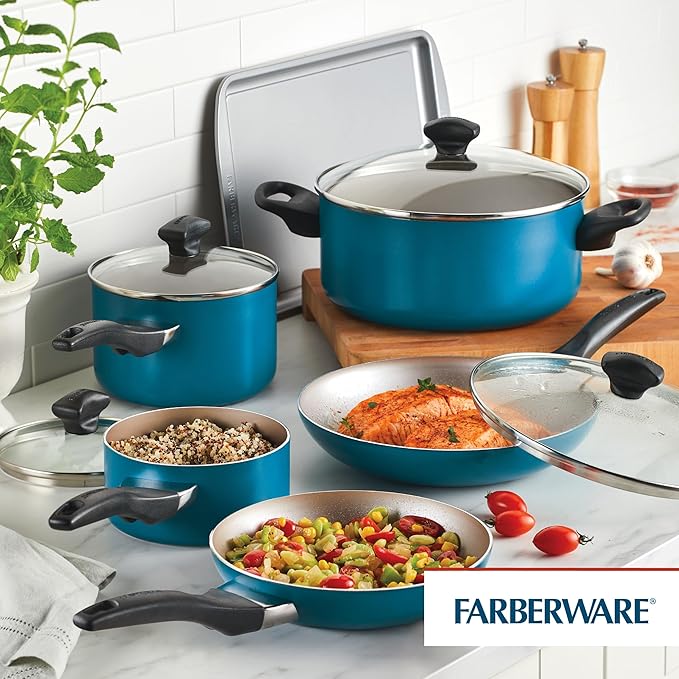 Farberware 20361 Dishwasher Safe Nonstick Cookware Set / Pots and Pans Set - 15 Piece Blue