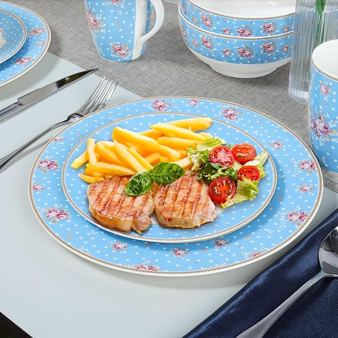 fanquare 12 Piece Dinnerware Set Service for 4 Blue Porcelain Plates Bowls Floral Kitchen Dishes Set White Dot