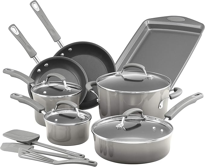 Rachael Ray Brights Nonstick Cookware Pots and Pans Set 14 Piece Sea Salt Gray