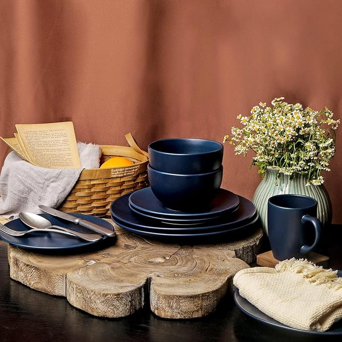 wocaxc16-Pieces Stoneware Dinnerware Set Kitchen Dinnerware Ceramic Crockery Set Dinner Service Set for 4 Include Dinner Plate Dessert Plate Cereal Bowl and Mug. (navy blue)