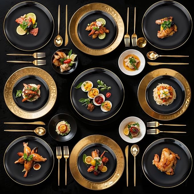 bUCLA 150PCS Black and Gold Plastic Plates - Black Gold Plastic Dinnerware Set Disposable - Include 25 Dinner / 25 Dessert Plates 25 Knives 25 Forks 25 Spoons 25 Cups Ideal for Party &amp Birthd