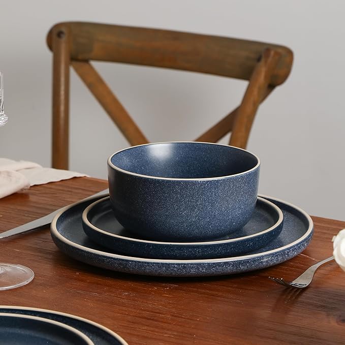 Earth &amp Clay Amber 12-Piece Dinnerware Set Stoneware Dishwasher and Microwave Safe Plates and Bowls Set Dish Set for 4 Blue