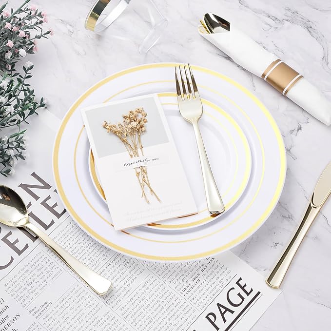 BESTVIP 175PCS Gold Plastic Dinnerware Set Disposable Party Plates for 25 Guests Include: 50 Plastic Plates 25 Pre Rolled Napkins with Gold Silverware 25 Cups for Christmas Halloween
