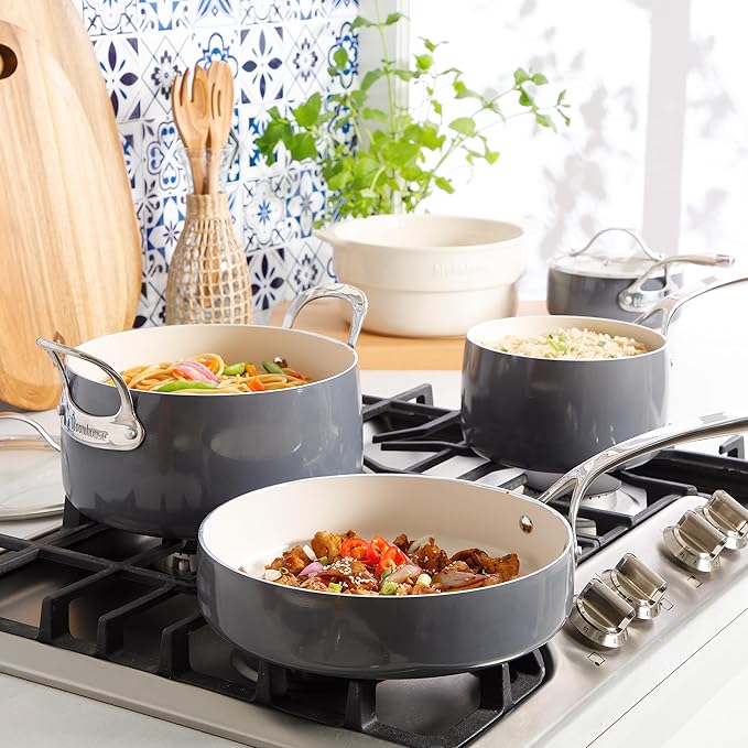 Bloomhouse 12 Piece Aluminum Pots and Pans Cookware Set w/Non-toxic Ceramic Non-stick Ceramic Steamer Insert &amp 12 Protective Care Bags - Stone Grey