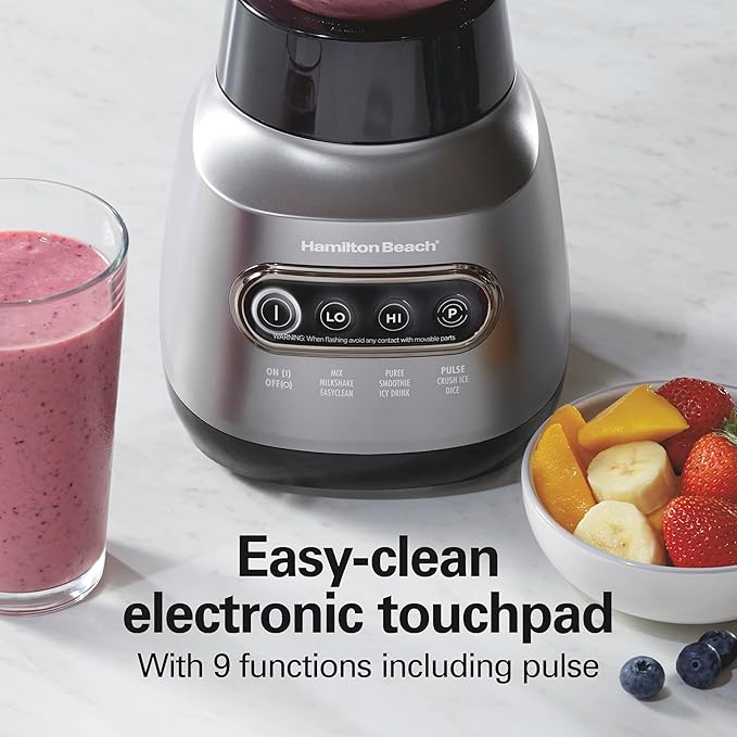 Hamilton Beach Wave Action Blender for Smoothies Stainless Steel Ice Sabre Blades 40oz Glass Jar 20oz Blend-In Portable Travel Jar 800 Watts Quiet Design Gray (58181)