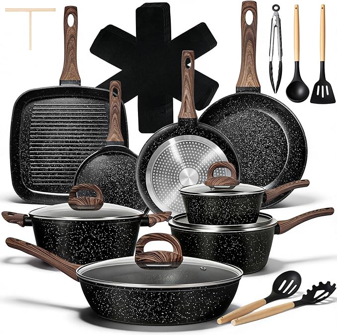 EWFEN 25 Pcs Pots and Pans Set Nonstick Ceramic Cookware Sets Healthy Non-Toxic Large Capacity Induction Compatible Cooking Set with Frying Pans &amp Saucepans PFAS/PTFE/PFOA Free Classic Blac