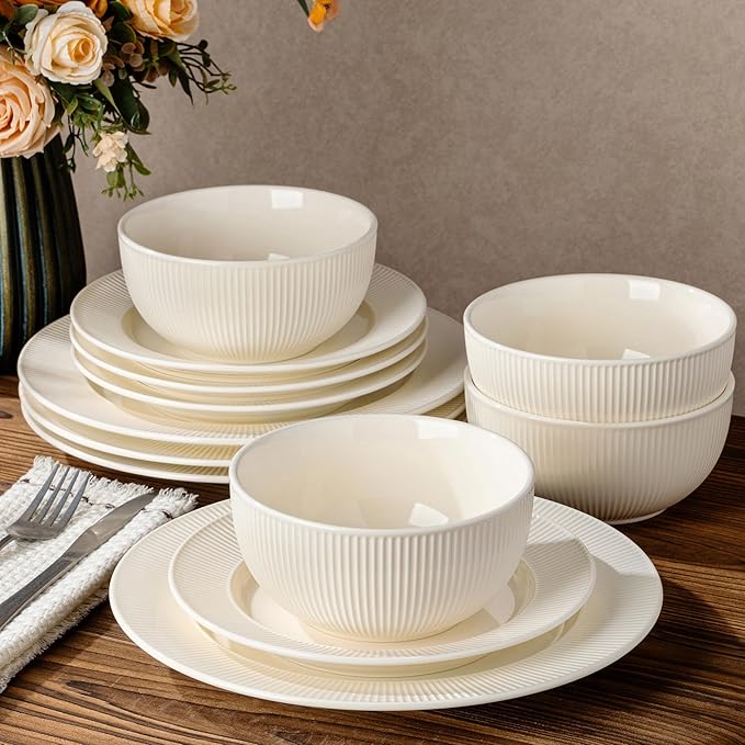 TheTerra Stoneware Dinnerware Sets for 4 12 Pieces Ceramic Plates and Bowls Sets Scratch Resistant Embossed Dish Set Oven Microwave &amp Dishwasher Safe Beige