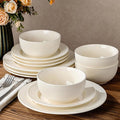 TheTerra Stoneware Dinnerware Sets for 4 12 Pieces Ceramic Plates and Bowls Sets Scratch Resistant Embossed Dish Set Oven Microwave &amp Dishwasher Safe Beige