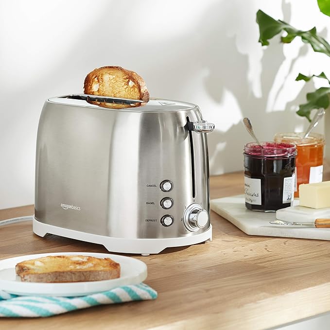 Amazon Basics 2 Slice Cool Touch Stainless Steel Toaster with 7 Browning Settings Extra Wide Slots (for Bagels Waffles Specialty Breads) Removable Crumb Tray Cancel Button 800W Brushed Silver