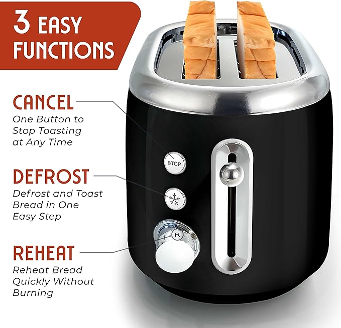 MUELLER HOME Retro Toaster 2 Slice 7 Browning Levels 3 Functions (Reheat Defrost Cancel) Stainless Steel Features Removable Crumb Tray Under Base Cord Storage Black