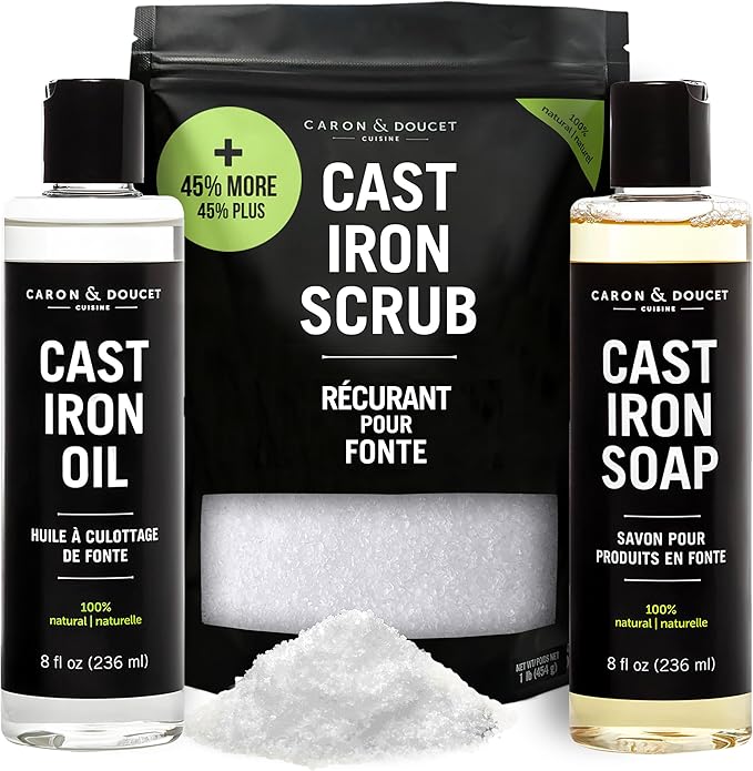 CARON &amp DOUCET – New Ultimate Cast Iron Set: Seasoning Oil Cleaning Soap &amp Restoring Scrub | 100% Plant-Based &amp Best for Cleaning Care Washing Restoring &amp Seasoning Skillets Pans &