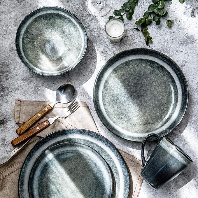 Dinner SetPorcelain Dinnerware Sets Retro Kiln Changing Glaze 30 Pieces Ceramics Dinner Combination Set | Cereals Bowls and Steak Plates Sets for Restaurant