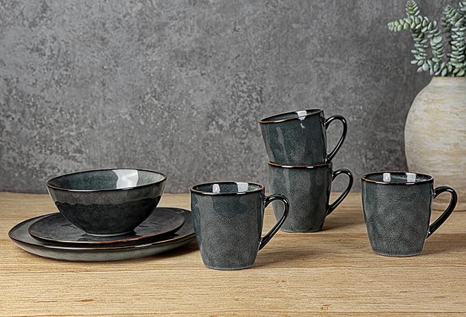 Famiware Ocean Round Plates and Bowls Sets for Kitchen 16-Piece Dinnerware Sets for 4 Mug Set for 4 Reactive Glaze Deep Forest