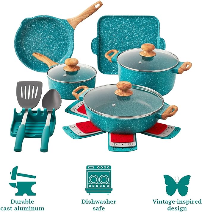 14-Piece Cast Aluminum Cookware Set with Lids Utensils and Pan Protectors – Nonstick Interior &amp Speckled Exterior – Teal Speckle