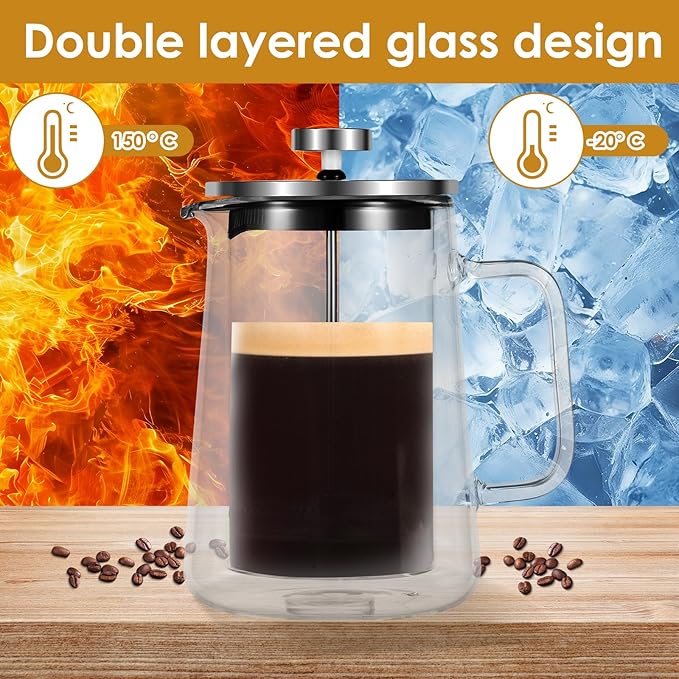 350/650/1000ml French Press Coffee Maker Double Wall Glass French Press Clear French Press Tea Maker Multifunctional Coffee Press Coffee Maker for Home Office (650ML)