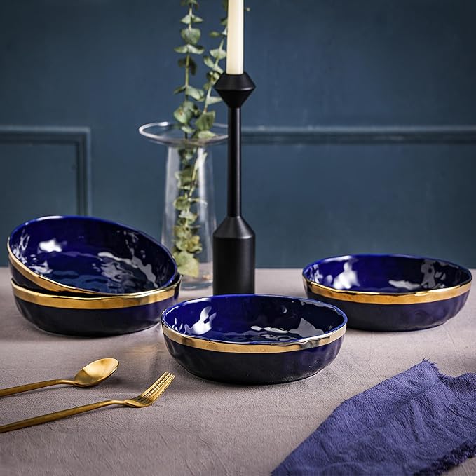 Stone Lain Florian 4-Piece Round Pasta Bowl Set Blue with Gold Rim