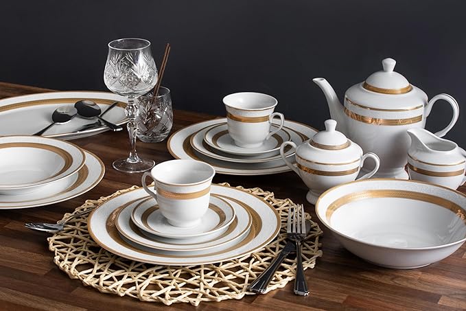 Porcelain Dinnerware Set for 8 - Gorgeous 49 Piece Dish Set - White and Gold Rope Design Porcelain Service for 8 - Chip Resistant Dining Set - For Everyday Use or Formal Occasions (Rope Gold 2049)