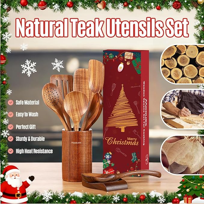 Wooden Spoons for Cooking Wooden Utensils for Cooking Natural Teak Wooden Kitchen Utensils Set Comfort Grip(9 PCS Xmas Gift)