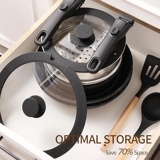 Nonstick Ceramic Cookware Set 21PCS with Detachable Handle Pans and Pots Set RV Kitchen Set Cookware Set Pan Pots with Removable Handles Oven Safe Induction Ready(Black)