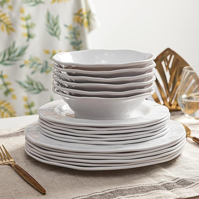 LEHAHA Basic White Melamine Dinnerware Sets 18 Piece melamine dishes set Service for 6 Plates and Bowls Sets Great for Indoor and Outdoor Use Dishwasher safe…