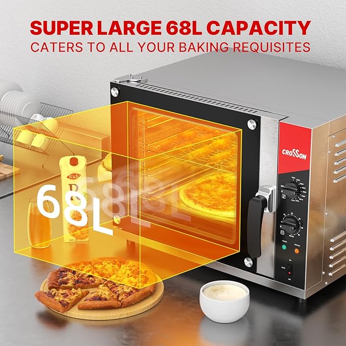 CROSSON 68L Half-Size Convection Oven4-Tier Commercial Toaster oven w/Front Glass Door4 set of Trays&ampWire Racks60 Minutes Timer and Interior Light 120V/1800W Countertop Conventional Oven
