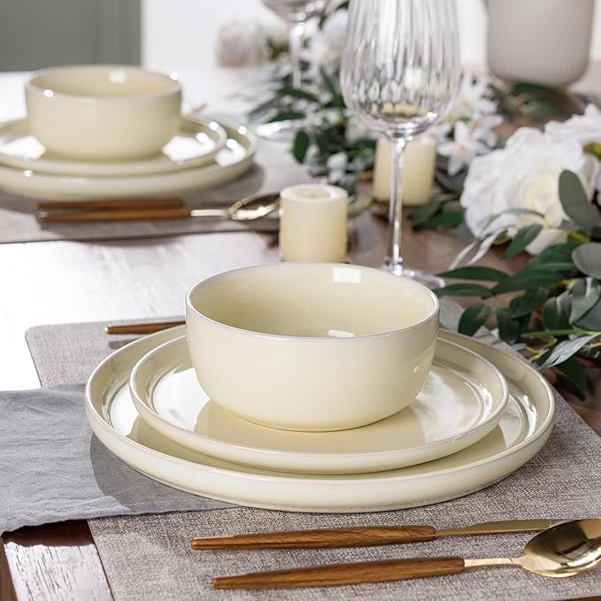 AmorArc Stoneware Dinnerware Sets for 4Round Reactive Glaze Ceramic Plates and Bowls SetHighly Scrath Resistant | Dishwasher &amp Microwave Safe Dishes SetService for 4 (12pc)