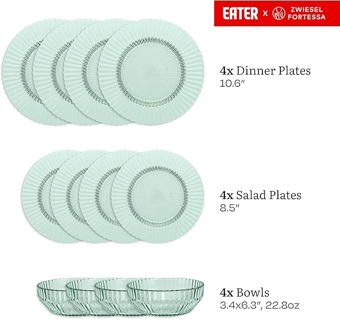 Eater x Zwiesel Fortessa Seraphina Glass 12 Piece Dinnerware Set (Service for 4) Verde Green