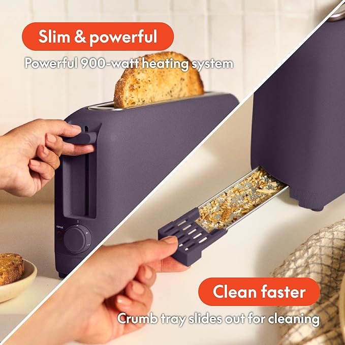 bella 2 Slice Slim Toaster Fits-anywhere™ Kitchenware 6 Setting Shade Control with Reheat &amp Cancel Buttons Fits sourdough 10” Long Slot Anti Jam &amp Auto Shutoff 900 Watt Plum